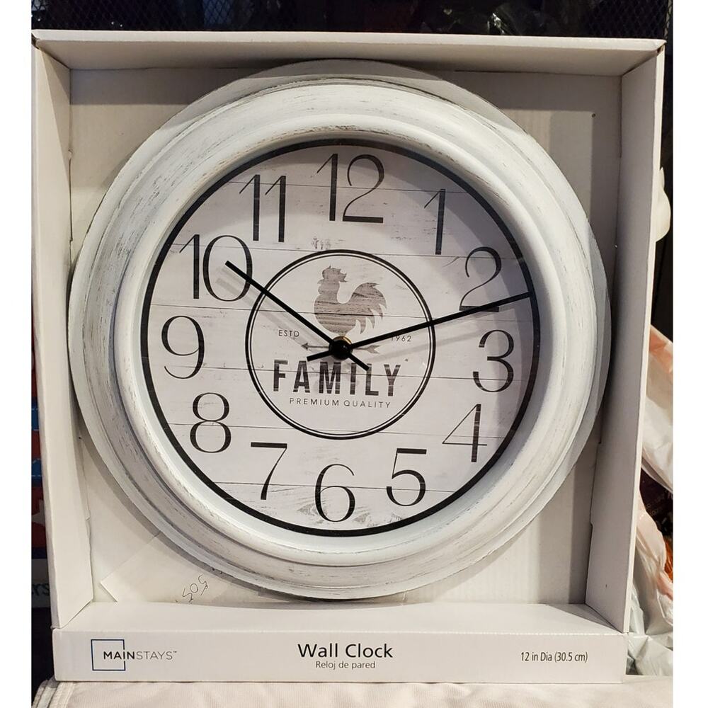 Mainstays White Farmhouse Wall Clock 12in Open Box